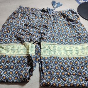 Suzanne Betro Blue Tan Geometric Floral Boho Wide Leg Tassel Pants XL